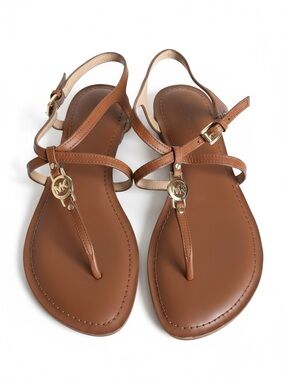 Michael Kors T Strap Leather Sandals Logo Charm Flat Thong Shoes Brown Size 8